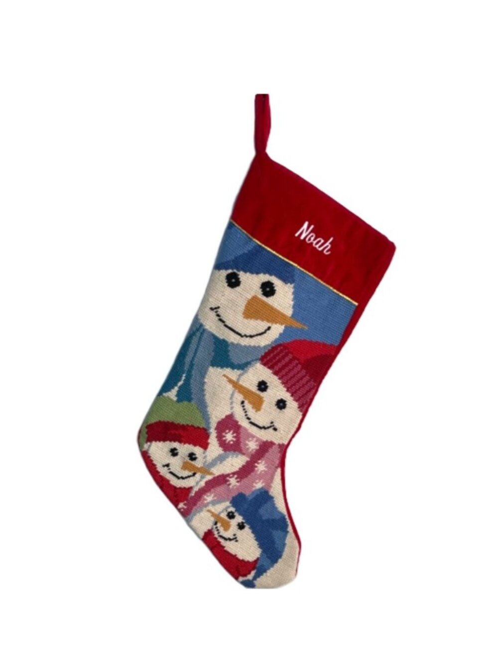Vintage Wool Needlepoint Christmas Stocking with 4 Smiling Snowmen 17" Noah